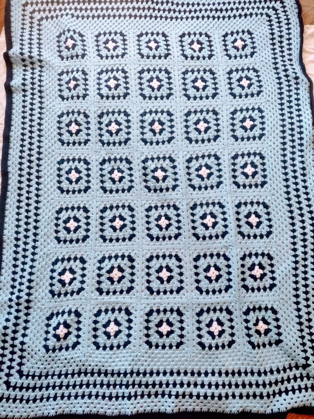 Handmade Blue Granny Square Crochet Afghan Throw Blanket 48x72 Cottagecore